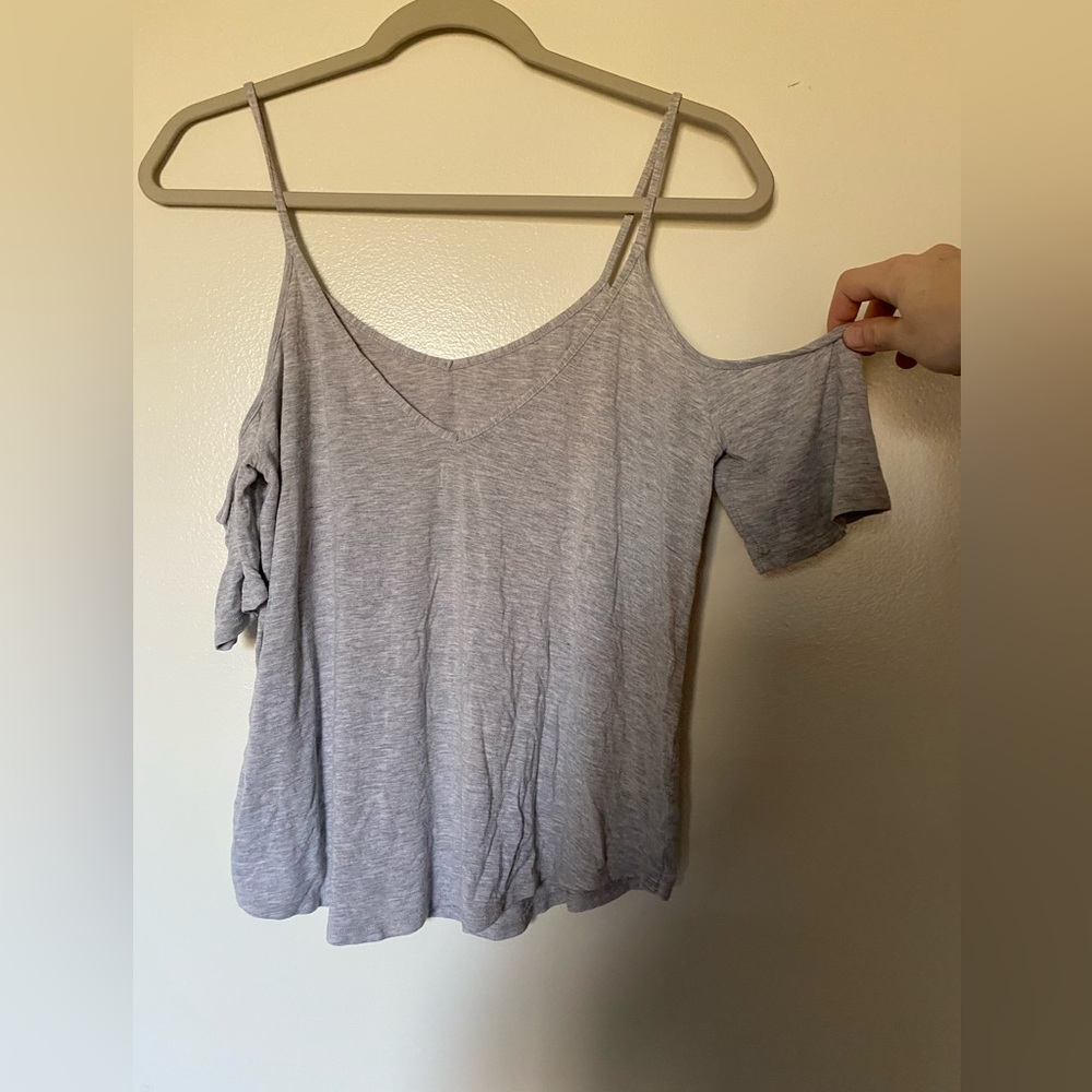 Grey cropped “off the shoulder” shirt